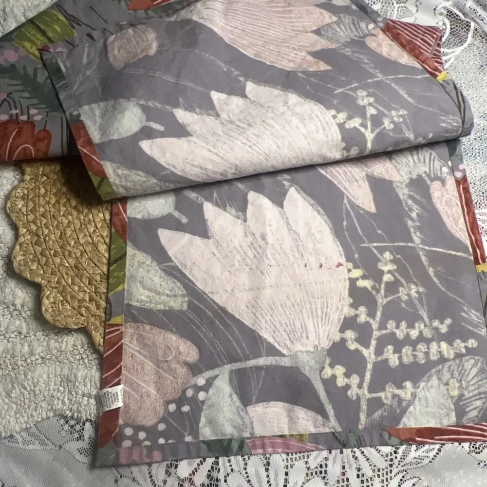 World Market Table Runner Pink Flowers Floral Gray Cotton Dining Room 16” x 90”